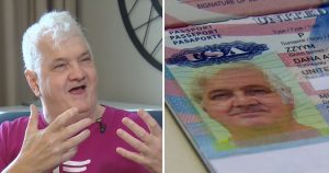 Split screen: midshot of intersex activist Dana Zzyym on left, their passport with 'X' gender marker on right