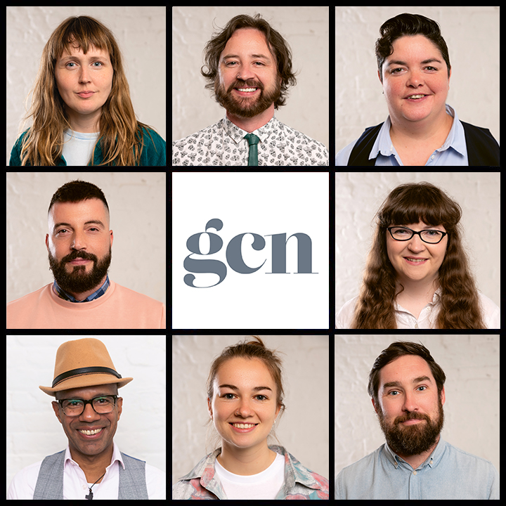 Headshots of members of the GCN team in a grid, the GCN logo in the centre of the image
