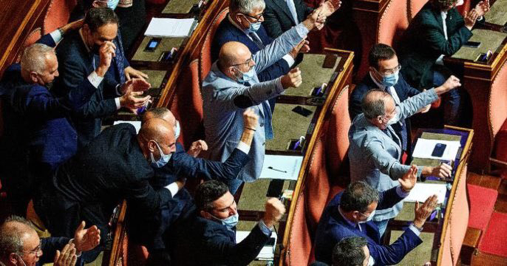 Members of the Italian senate celebrate as new anti-homophobia hate crime bill is rejected.