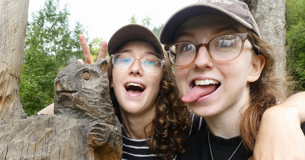 Close up of Amy and Emily making funny faces. The lesbian couple will walk the length of the river Danube to raise awareness