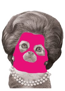 Black and white image of a kitten wearing a pearl necklace and earrings with a Margaret Tatcher hair do and a pink balaklava