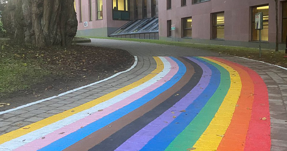 Cork University Rainbow Walkway. Footpath painted in progressive pride colours