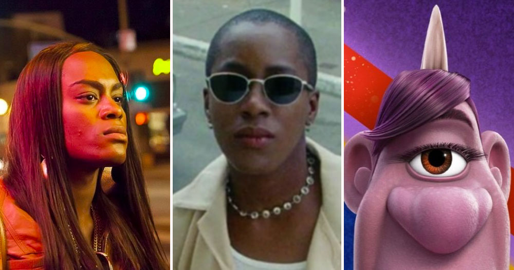 Kitana Kiki Rodriguez looking towards the right, Cheryl Dunye with sunglasses looking at the camera, and Officer Specter looking at the screen. These are some of 15 LGBTQ+ movie characters played by LGBTQ+ actors.