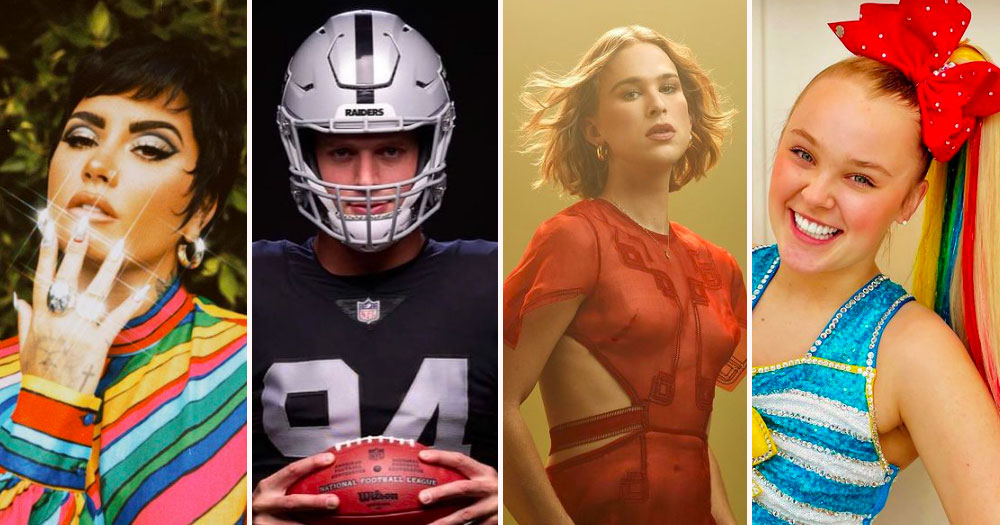 Demi Lovato holding her hand near her mouth, Carl Nassib holding a football in his helmet and jersey, Tommy Dorfman in a red dress with short hair, and JoJo Siwa smiling with a red bow in her ponytail. These are 4 of 17 LGBTQ+ celebrities who came out in 2021.