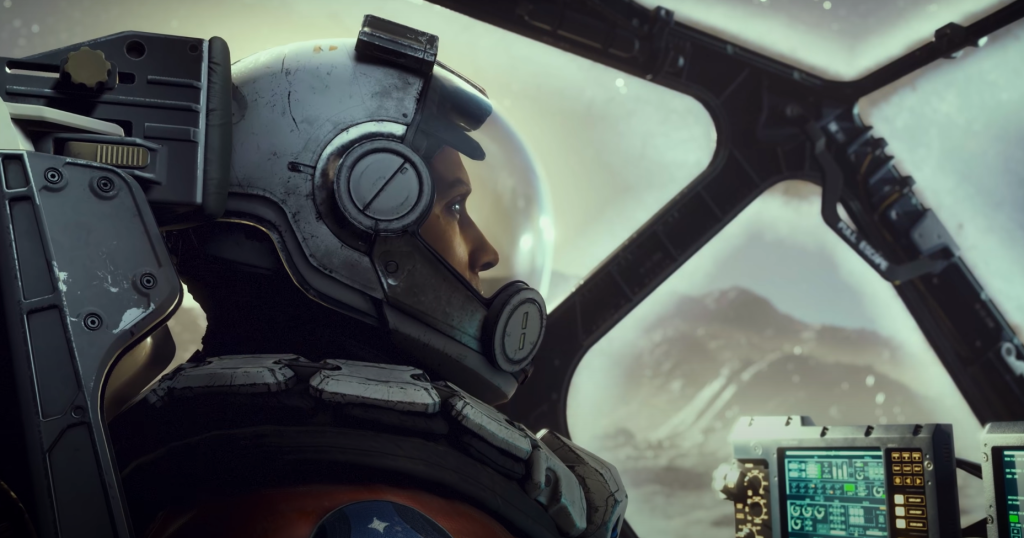 A screenshot from the Starfield game which will allow users to chose their pronouns, shows a character in an astronaut suit at the controls of a spaceship.