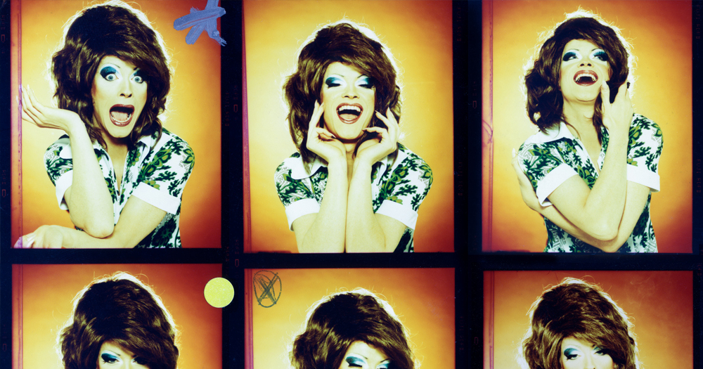 Triptych of head shots from a contact sheet donated to Arthouse 2021. The images show drag queen Panti Bliss wearing a white and green dress making exaggerated poses.