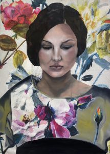 Painting of a woman looking down surrounded by a background of abstract flowers.