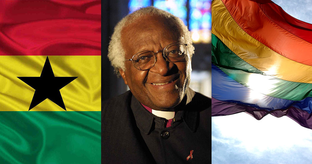 Split screen. On the left, the Ghanan flag. In the middle, a head shot of Archbishop Desmond Tutu. On the right, a photograph of a Pride flag waving in front of the sun.