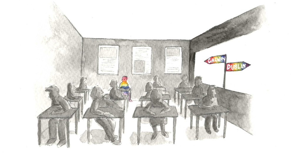 An illustration of a classroom, one student at the back painted in rainbow colours