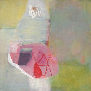 Abstract painting in greys and lime green with a pink patch in the centre and red streaks.