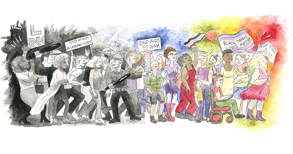 An illustration of a protest turning into a parade