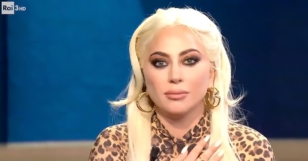 Lady Gaga during a talk show, looking at the camera while shares her message of support for the LGBTQ+ community in Italy after the hate crime bill was blocked