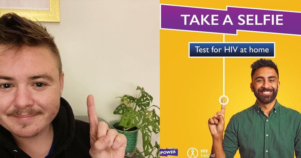 Split image - on the left is a selfie of Noah Halpin holding his fingure up for MPOWER Take a Selfie campaign. In the right is the MPOWER poster. Advicating for Free HIV treatment