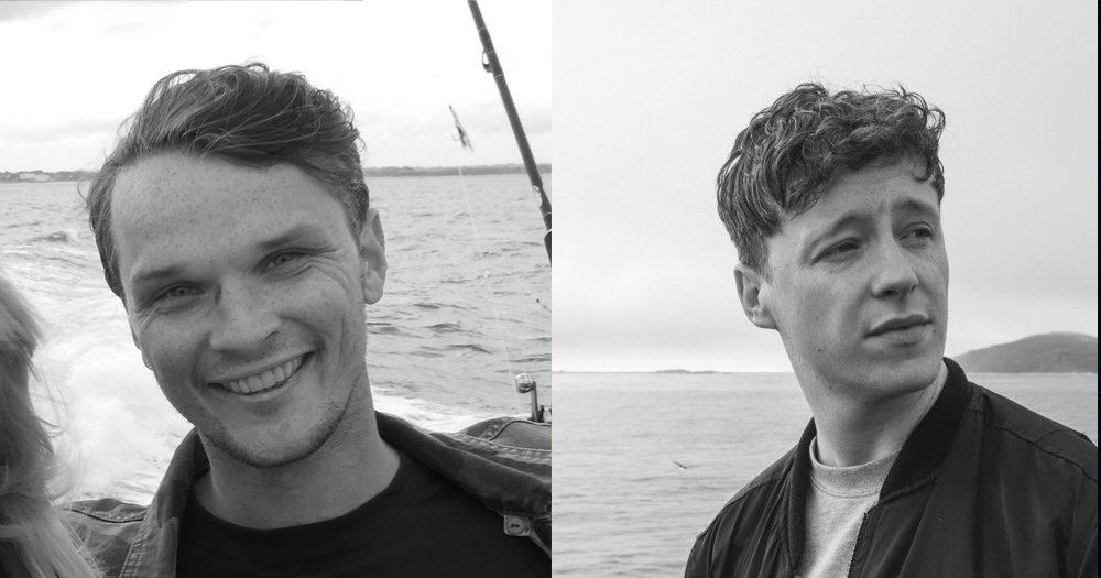 Split screen for Positive Storytelling - Black and white head shots. On the left, Robbie Lawlor. On the Right, Shaun Dunne