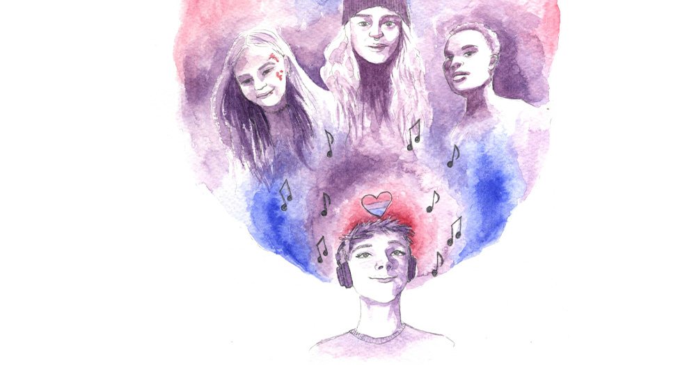 An illustration of a teenager listening on headphones, the musical artists appearing in a cloud above their head