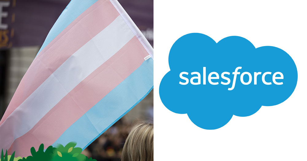 Split screen. On the left is a photograph of a Trans flag being held in the air. On the right is the Salesforce logo - a blue cloud on a white background with the word Salesforce in white written across the cloud