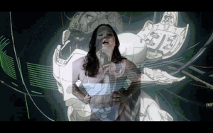 Woman wearing white boob tube and white knickers with blurred image super imposed across her body