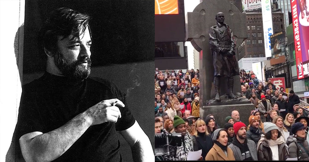 Split screen. On the left a black and white photograph of composer Stephen Sondheim smoking a cigarette. On the right a choir of several hundred people on the red steps of Time Square in New York.