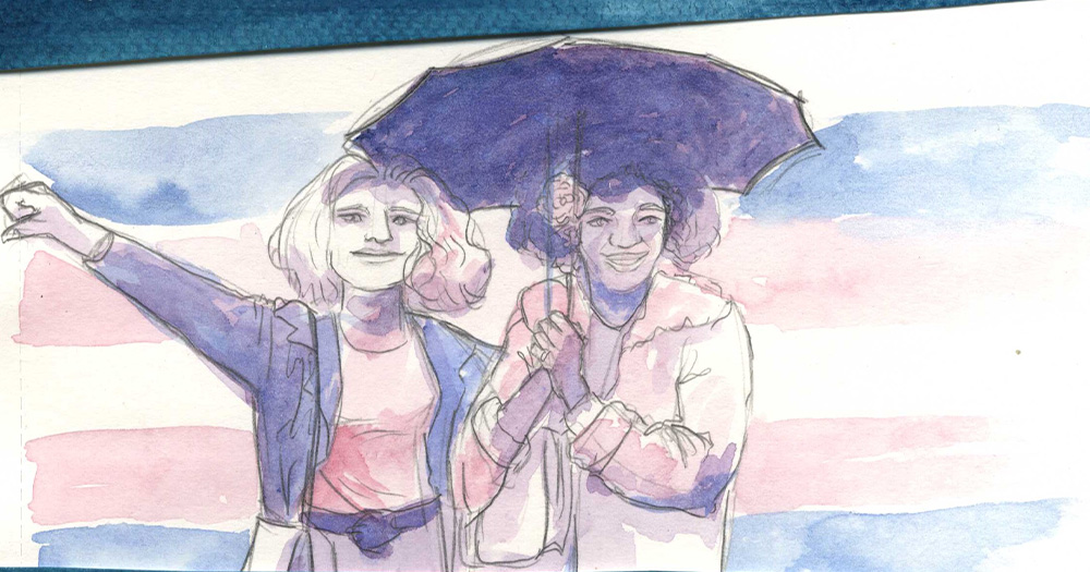 An illustration of two women under an umbrella in front of the Trans flag