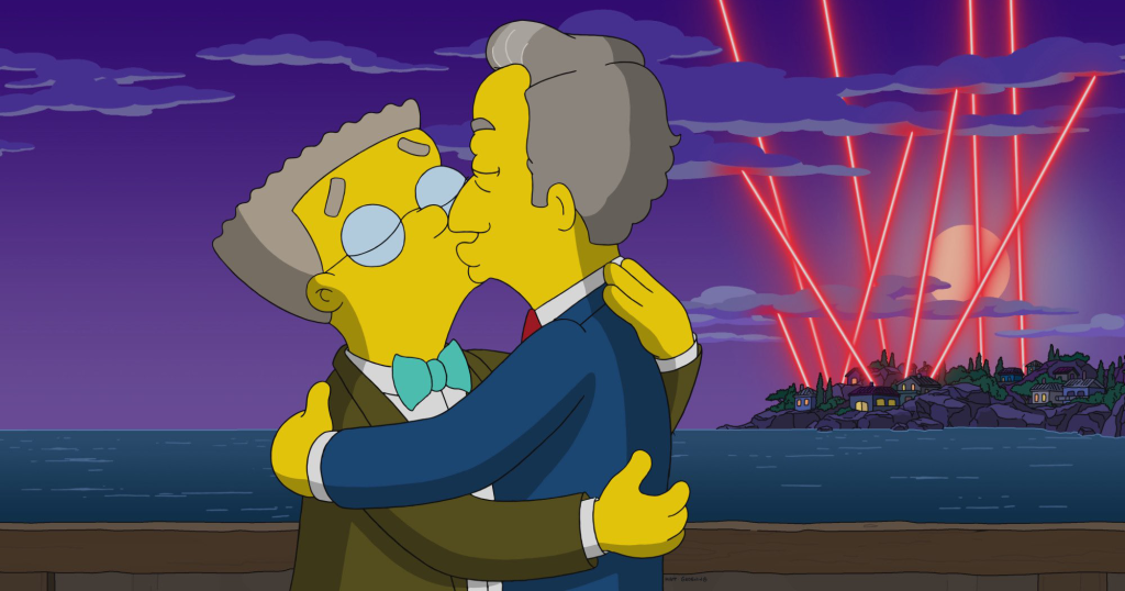 The Simpsons characters Waylon Smithers and Michael De Graff kiss.