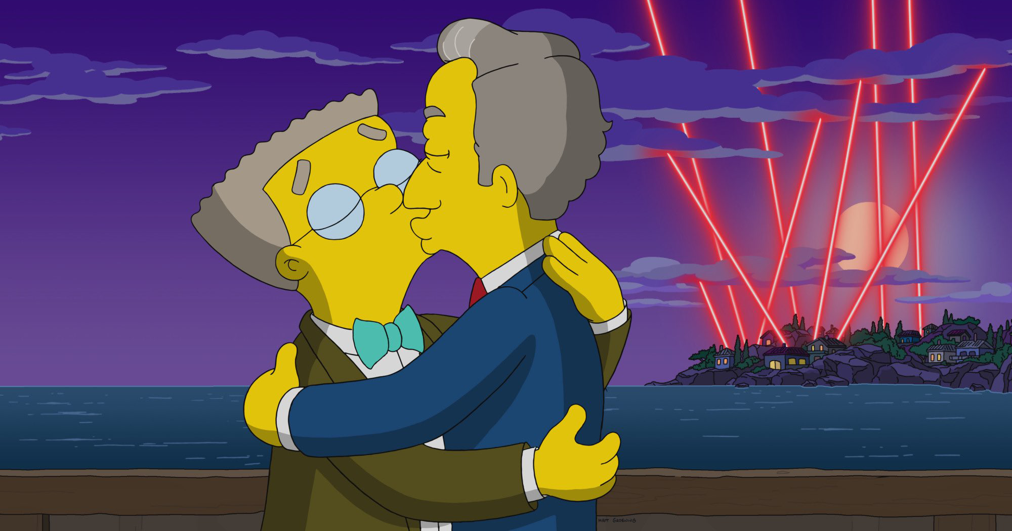 The Simpsons characters Waylon Smithers and Michael De Graff kiss.