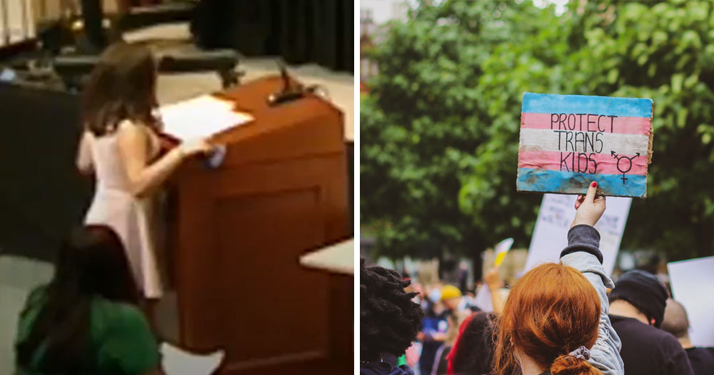 Split screen: Transgender child standing up against Texas lawmakers (left), 'Protect Trans kids' sign at protest (right)