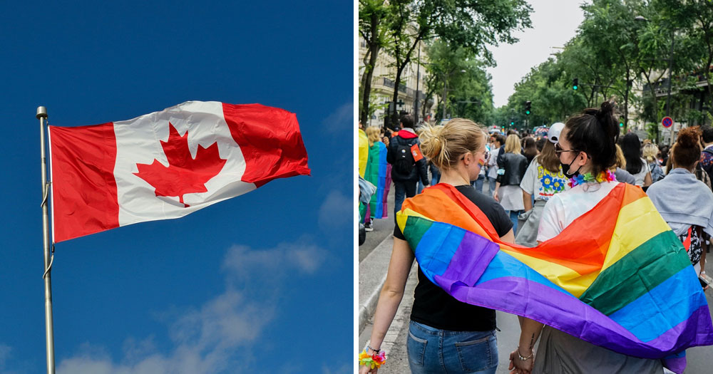Canada flag against a blue sky (left), two girls walking shrouded in a rainbow flag (right)Canadian MPs vote to ban LGBTQ+ conversion therapy.