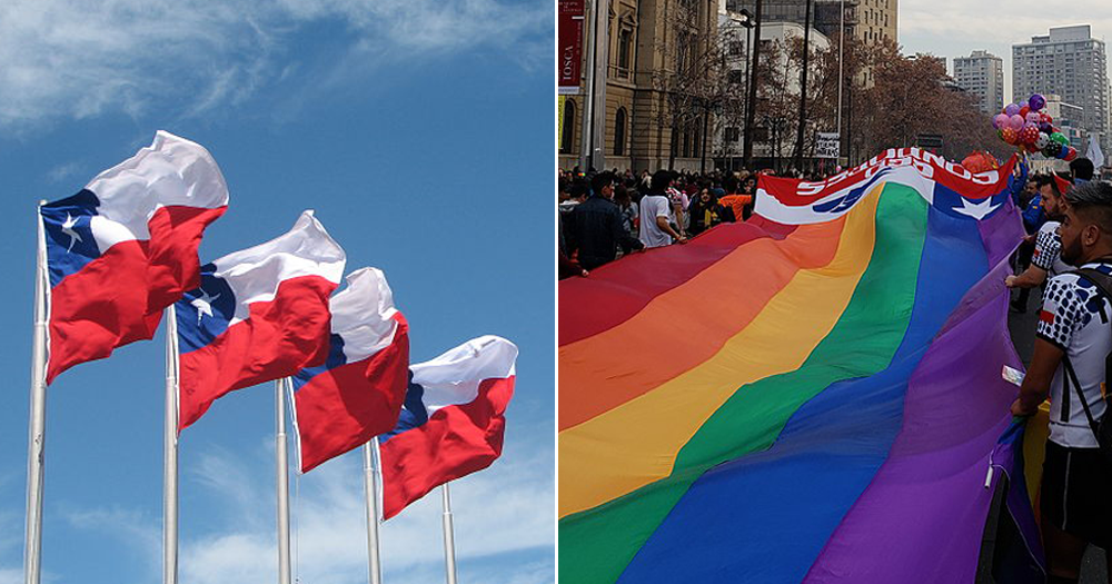 There are four Chilean flags on the left, and on the right is a photo from a pride march in Chile, where same-sex marriage and adoption have just been legalised.
