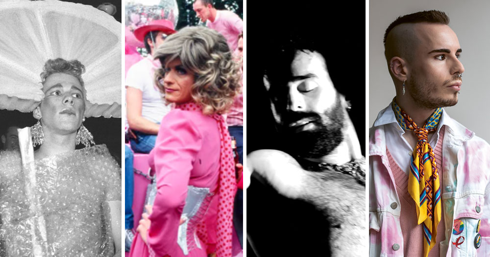 Queer Cultural highlights 2021 - Split screen with four panels. Far left, black and white photograph of a man dressed in bubble wrap with an oversized slice of lemon on his head. Mid left, photograph of drag queen Panti Bliss in a pink power suit looking over her shoulder. mid right, black and white photograph of a man from the torso up. He is nude with his eyes closed. Far right and photograph of a man with a mohawk haircut and piercings. He is wearing a yellow and blue silk scarf with a pink and white tie-dyed denim jacket.