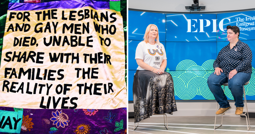 Left: A photo of one of Ireland's AIDS Quilts, Right: Judith Finlay and Han Tiernan in EPIC Museum.