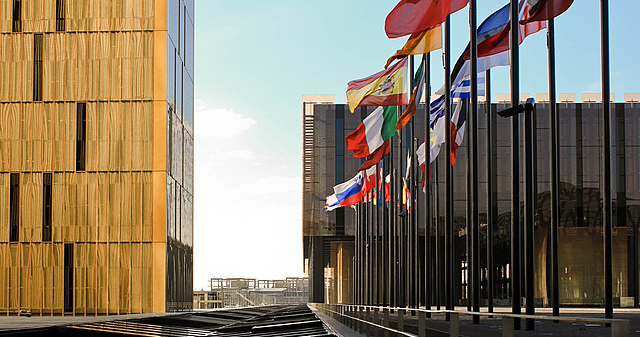 An image of the flags at the European Court of Justice.
