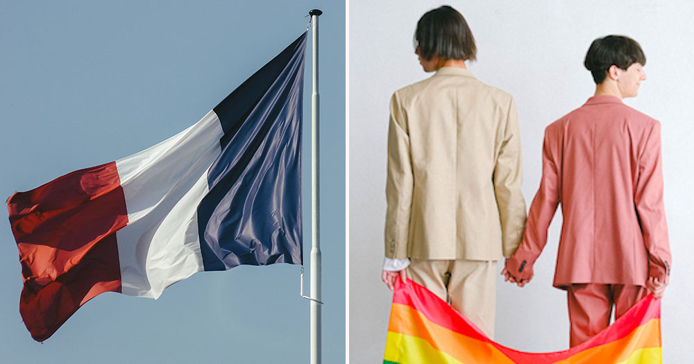French flag against blue sky, and Men in Suits Holding a Gay Pride Flag. France introduces a conversion therapy ban.