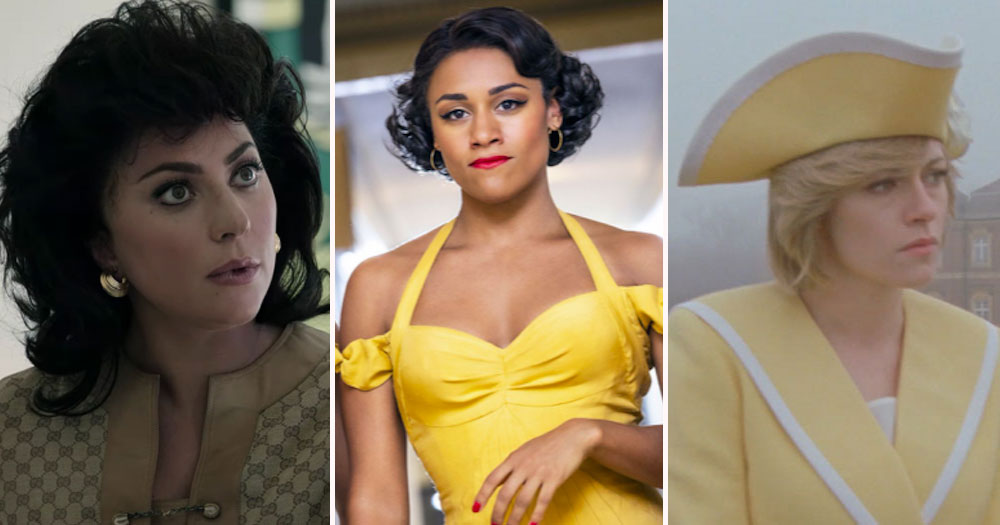 Lada Gaga is looking up, Ariana Debose is in a yellow dress, and Kristen Stewart is in a cap and dress. These are nominees for the Golden Globes 2022.