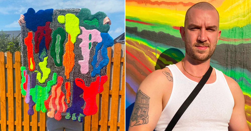 Left: a colorful rug held in front of a man. Right: Rugcetera owner Barry Jeffers wearing a white tank top