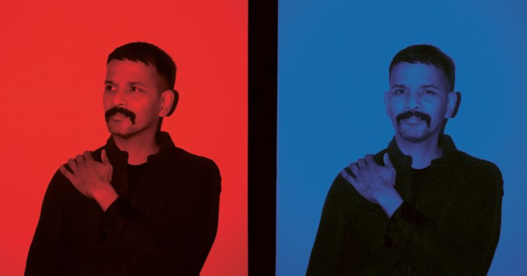 A double image of a man putting his hand on his shoulder