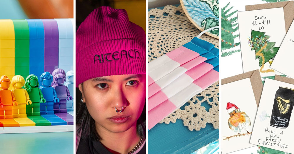 Split screen of gift guide products: Rainbow LEGO (far left), Aiteach beanie (left), Trans pride face masks (right), funny Christmas cards (far right)