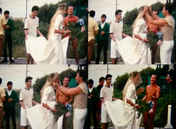 A man in a wedding dress is getting married to another man. This is footage of a Fire Island gay marriage.