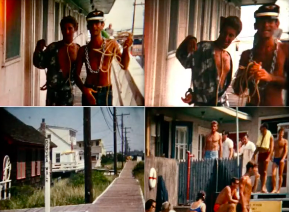 Semi-shirtless men are engaging in bondage. This is footage of a Fire Island gay wedding