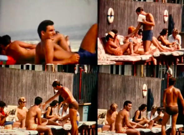 Shirtless men relaxing by a pool. This is footage of a Fire Island gay wedding. 