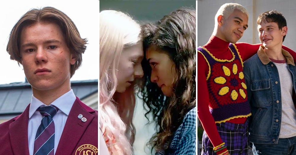 Split screen of characters from LGBTQ+ TV shows from 2021