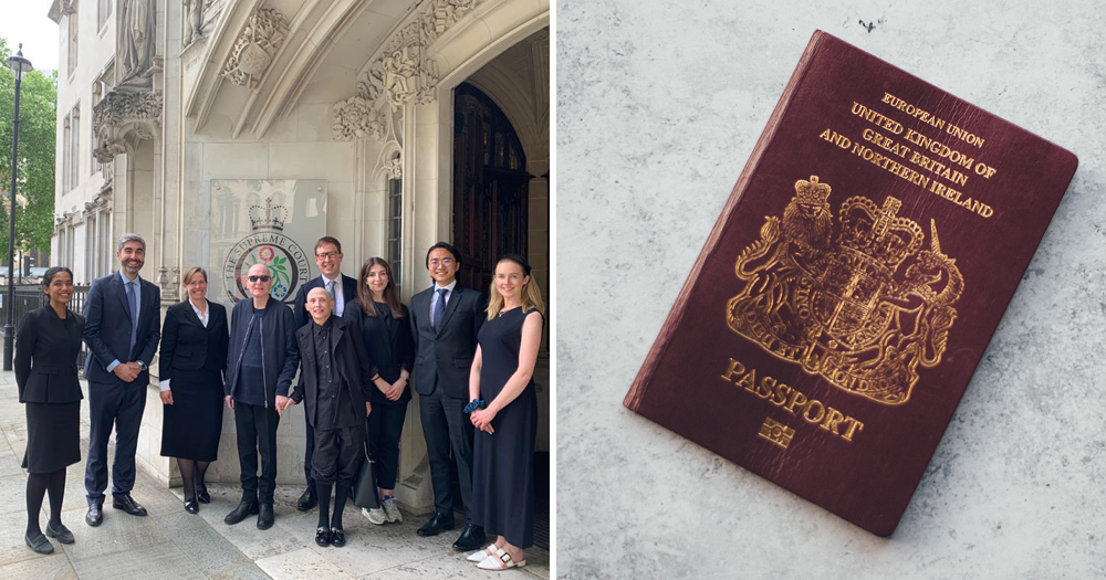 Left: Christie Elan-Cane and per legal team outside the Supreme Court before appealing to introduce gender-neutral passports. Right: A British passport.
