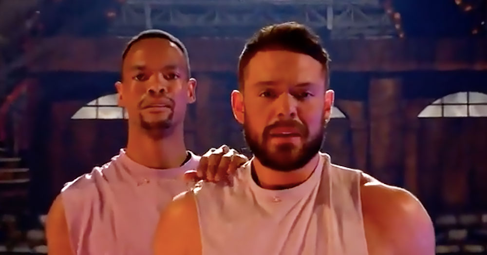 Radebe has his hand on Whaite's shoulder as they look at the camera with emotion. The pair advances in Strictly Come Dancing after emotional performance.