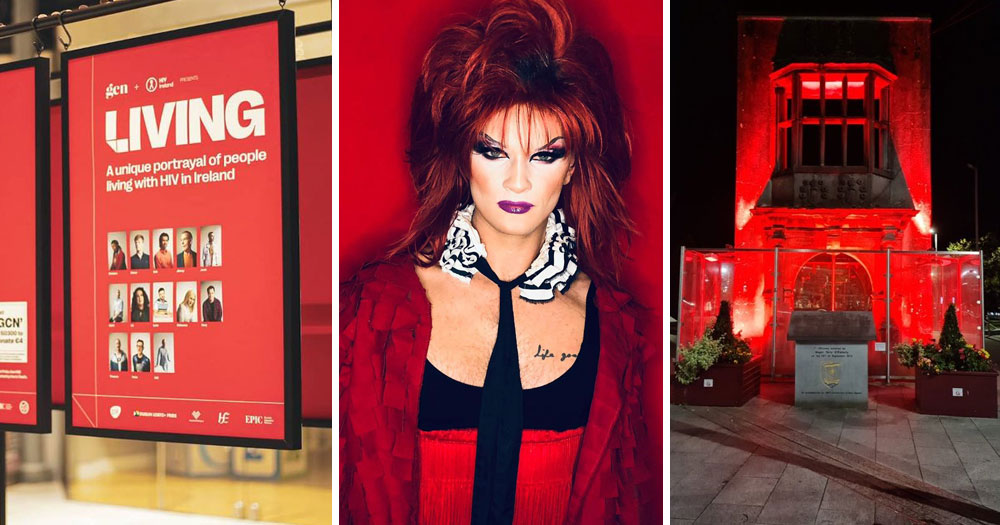 World AIDS Day 2021: LIVING exhibition (left), Robbie Lawlor (centre), red lit building (right)
