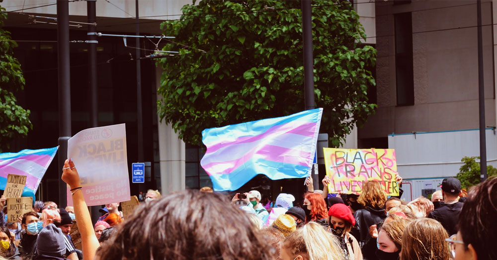 A Trans flag waves above a crowd at an outdoor rally. This article is about a UK Trans conversion therapy ban.