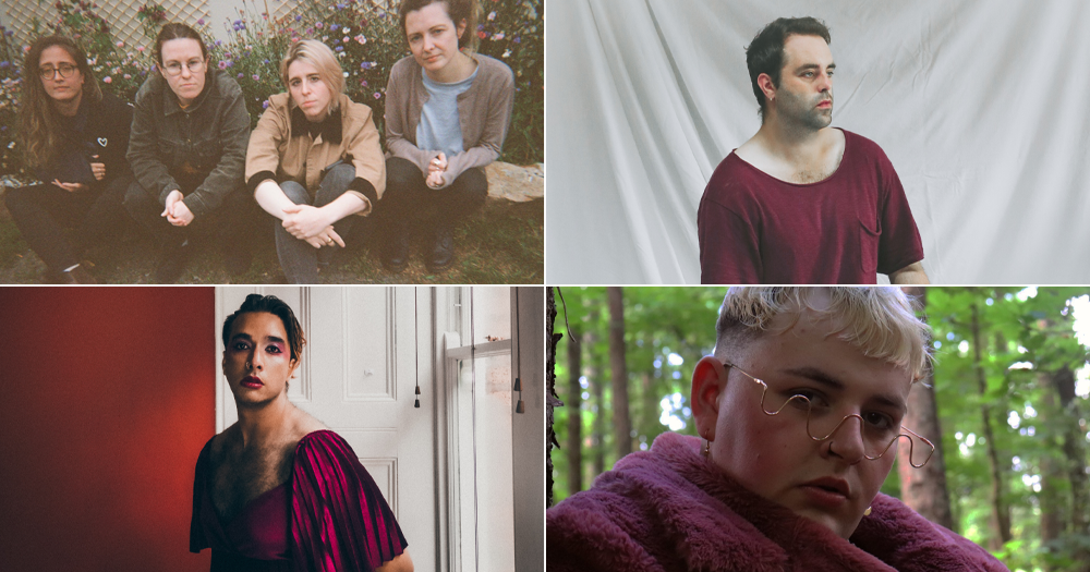 Split screen with four images of bands and artists releasing new Music in 2022. Top Left The Pillow Queens, top right NIYL, bottom left, DYVR and bottom right Viscose.