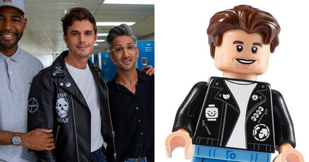 Split screen - On the left a photograph of Antoni Porowski from the tv show, Queer Eye for a Straight Guy wearing a leather jacket with designs by artist James Concannon. The image on the right is a picture of a lego minifigure with similar quiffed hair, wearing a lego jacket with almost identical markings.
