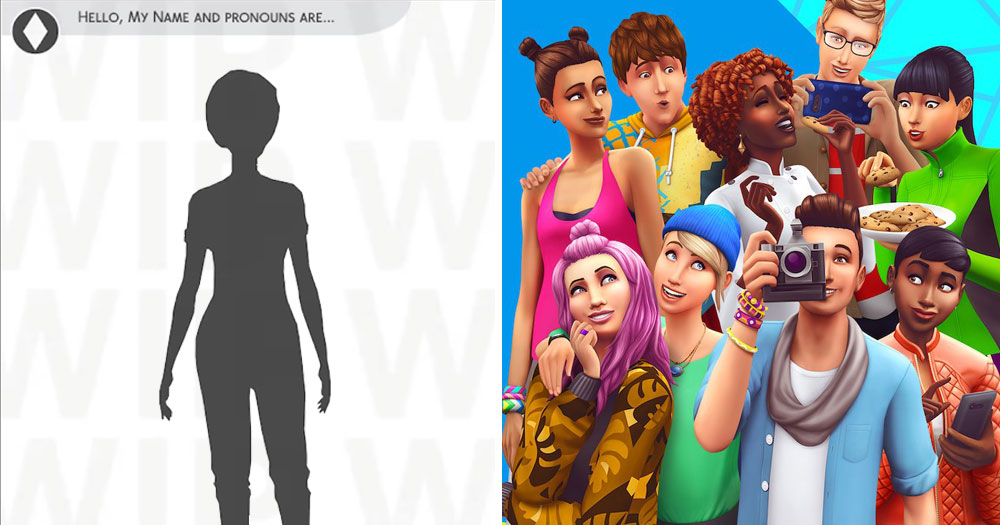 Split screen: pronouns feature of Sims 4 (left), diverse group of Sims (right)