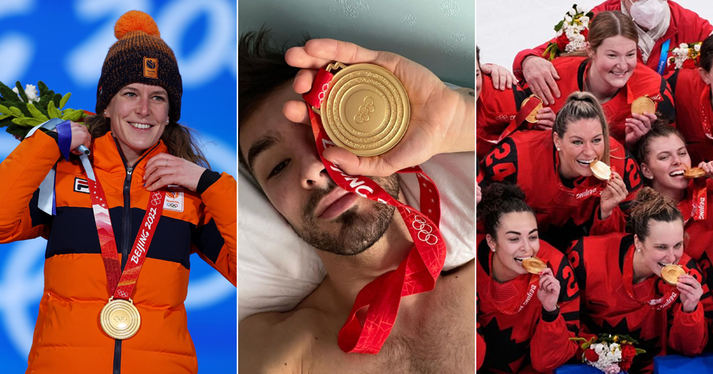 A collage of LGBTQ+ medal winners from the 2022 Winter Olympics.