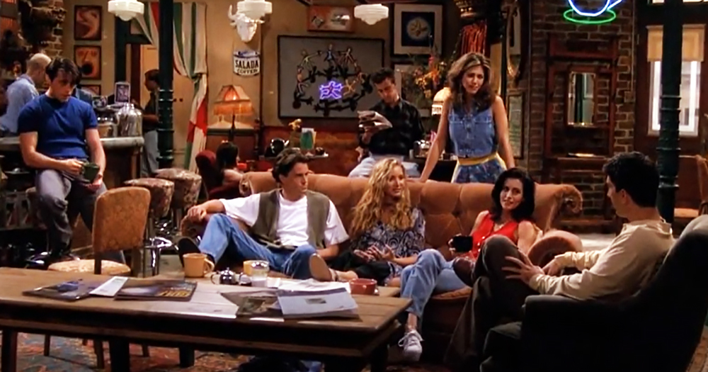 A scene from American TV show Friends, with all main character present.