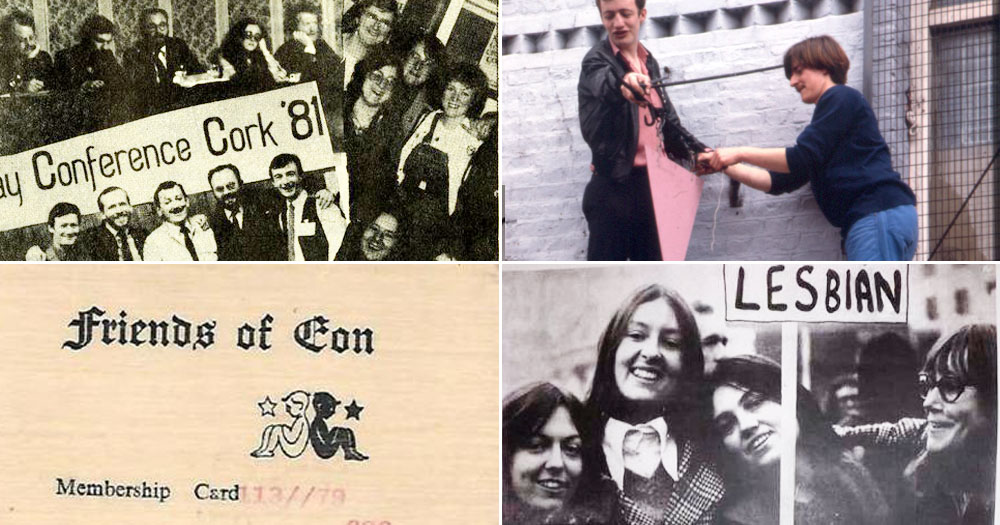 Lesser known events in Irish LGBTQ History. The image shows 4 panels. Top left, is a flyer from the first National Gay Rights Conference. Top right is a photograph fo two men hanging a pink triangle outside the Hirschfeld Centre. Bottom left is a membership card from the Friends of Eon – the design shows two black and white cherubs sitting back-to-back with a star in front of them. Bottom right is a black and white photograph from the first SLM poster with three women holding up a placard which reads, 'Lesbian